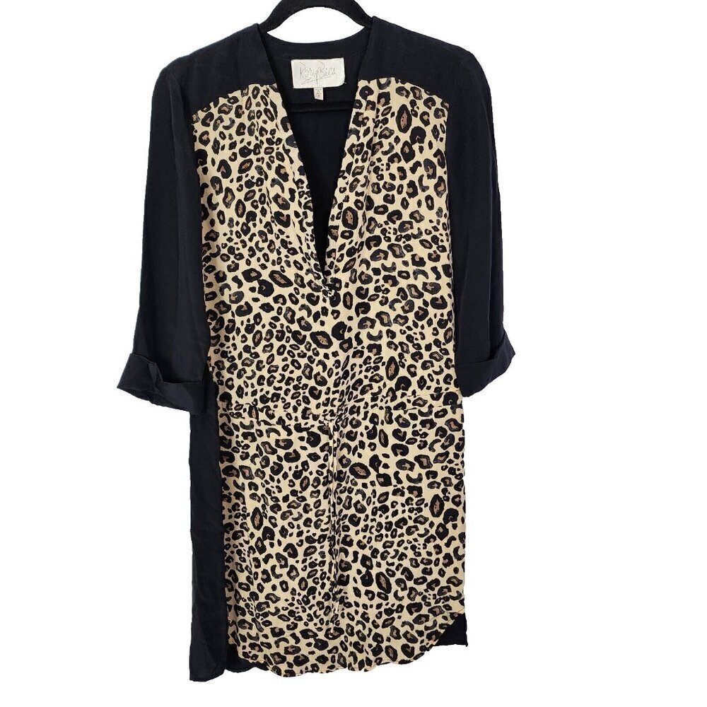 Rory Beca Womens Silk 3/4 Sleeve‎ V Neck Mini Dress Small Leopard Animal Print